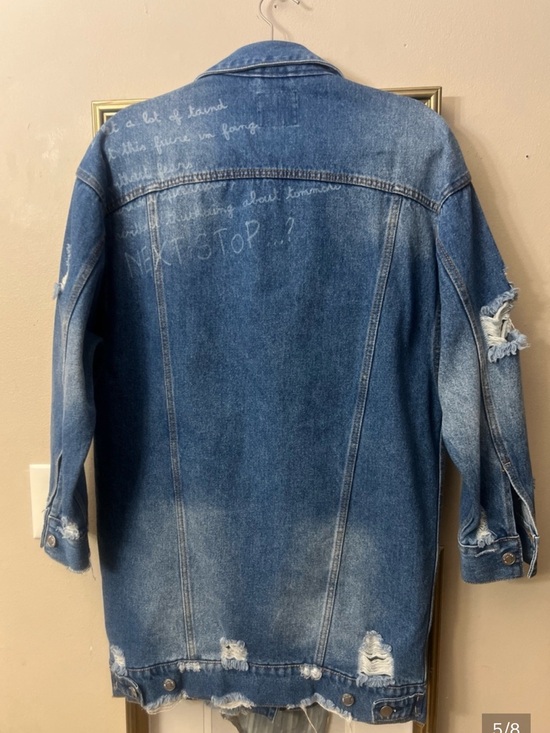 Zara Jackets & Blazers - Zara Blue Denim Jacket with graphic writing in the back Medium - Trafaluc Label